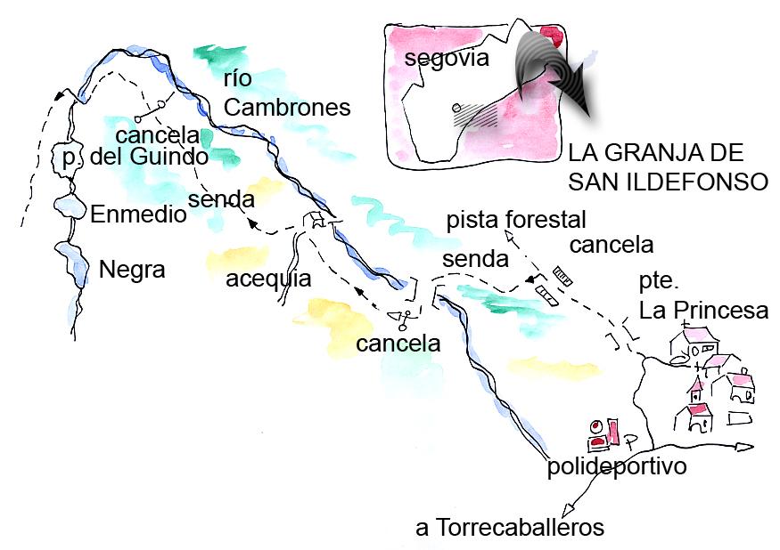 Croquis del paseo senderista hasta las calderas del curso alto del río Cambrones. Sierra de Guadarrama. Segovia.