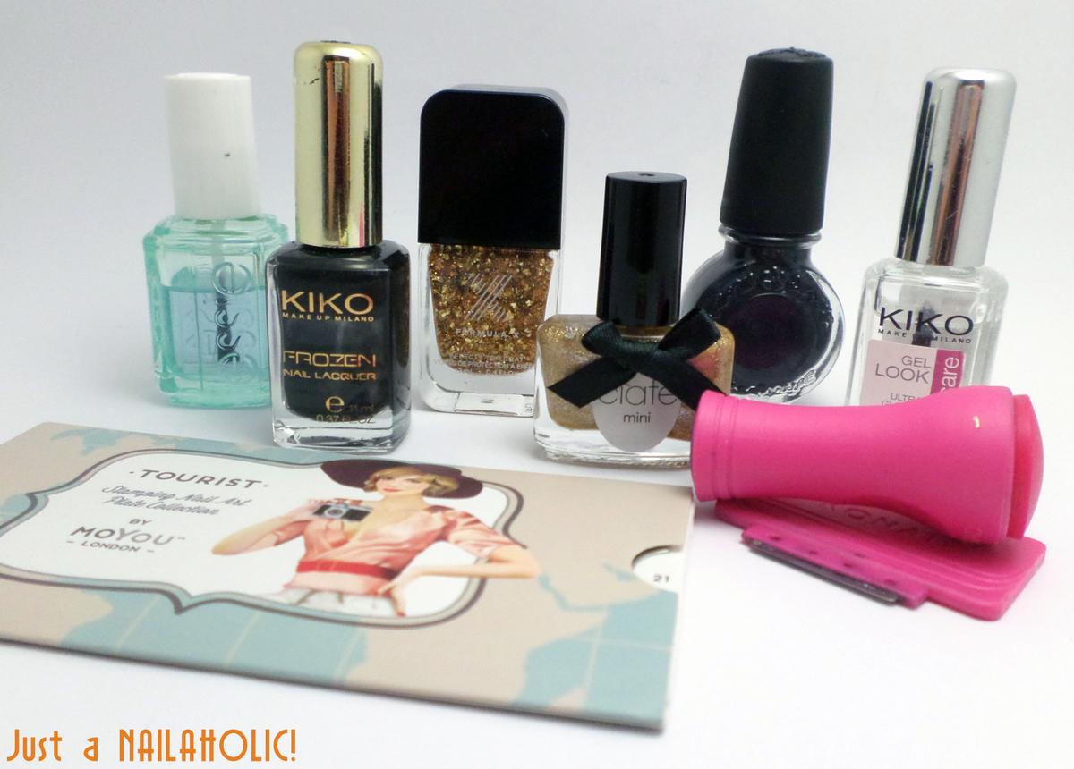 All in one base (Essie), 06 Iced Black (KIKO), Out of sight (Formula X), 085 Sand dune (Ciaté), Gel look top coat (KIKO), Konad, Tourist 21 (MoYou London)