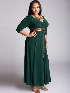 Plus-Size-Ankle-Length-V-Neck-Slit-Three-Quarter-Sleeve-Gold-Belt-Green-Chiffon-Dress-SD7013-01