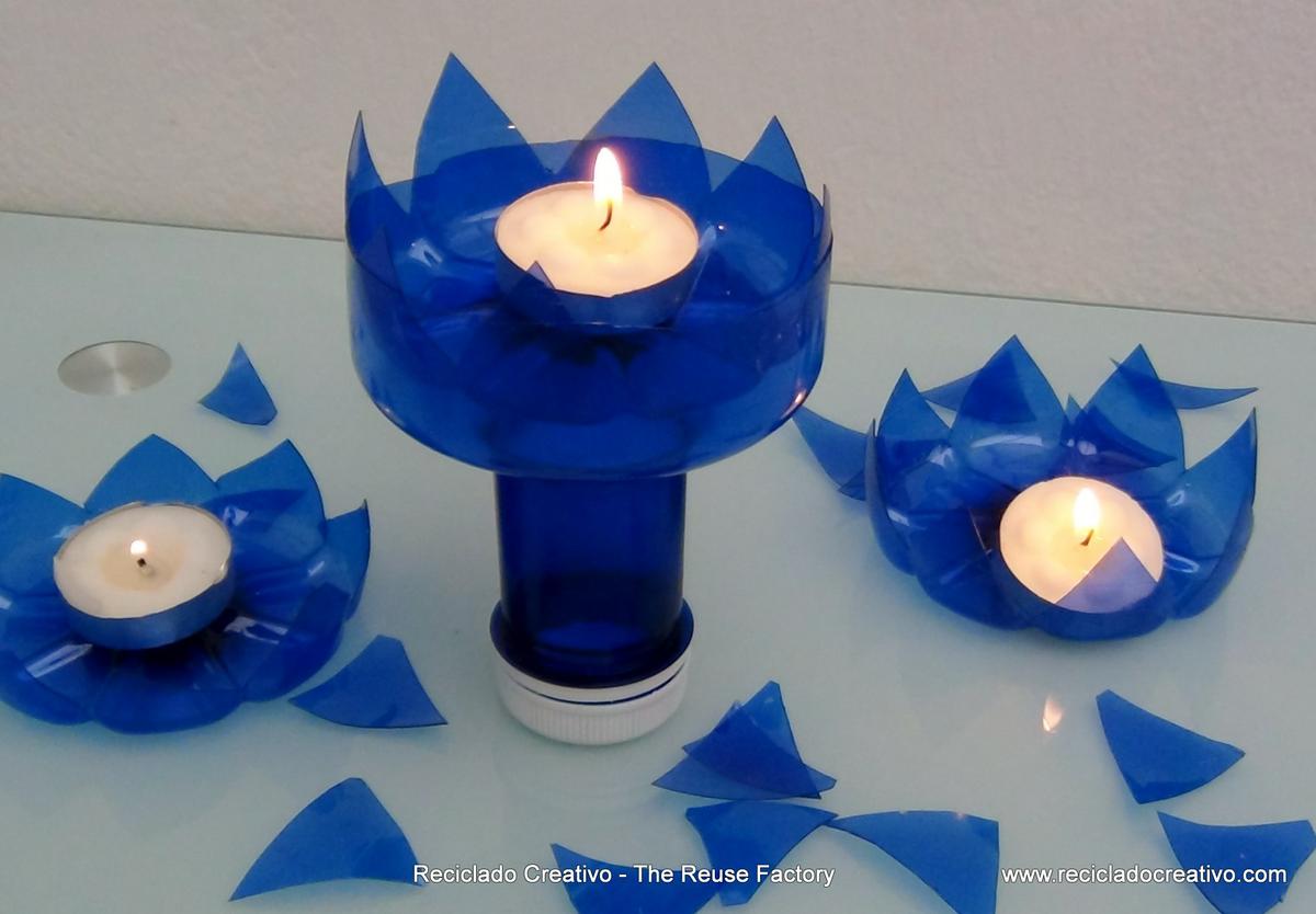 portavelas con botellas de plástico - candle holder with recycled plastic bottles