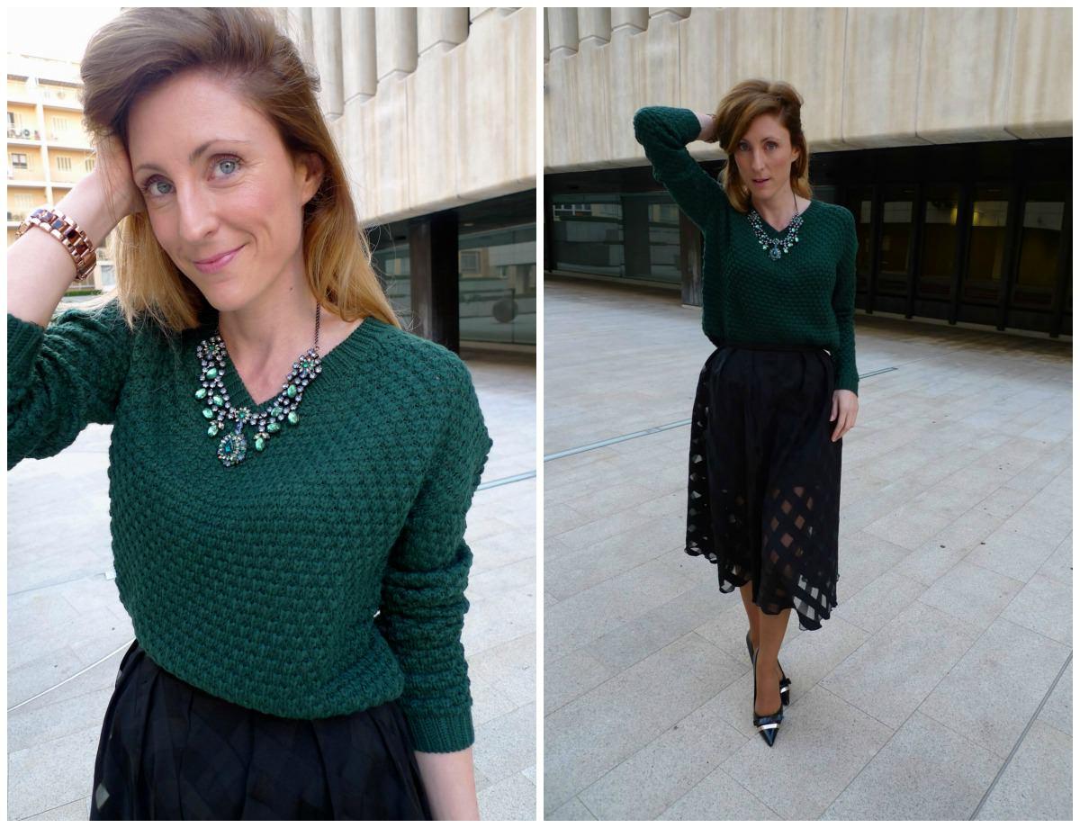 falda midi y jersey verde botella m