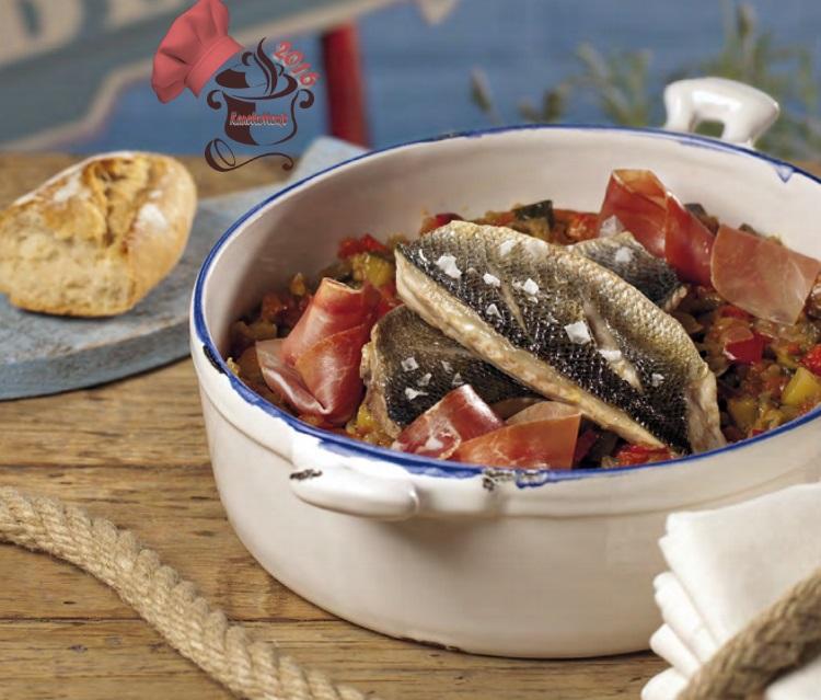 Lubina confitada con pisto de verduras