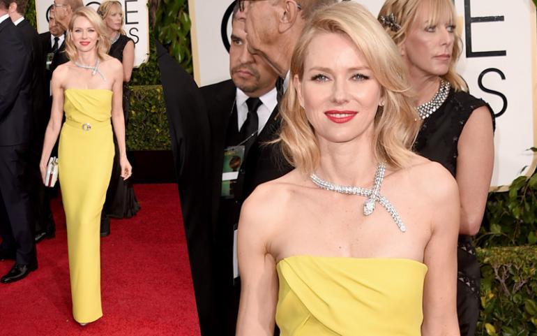 Naomi Watts iluminó la alfombra roja con este vestido flúor de Gucci y el collar Serpenti de brillantes de Bulgari, firma de la que es embajadora. 