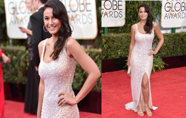 Emmanuelle Chriqui, la actriz de The Entourage, también apostó por el glitter, en esta ocasión en rosa palo. La sencillez y unos delicados aros maxi marcaron la diferencia. 