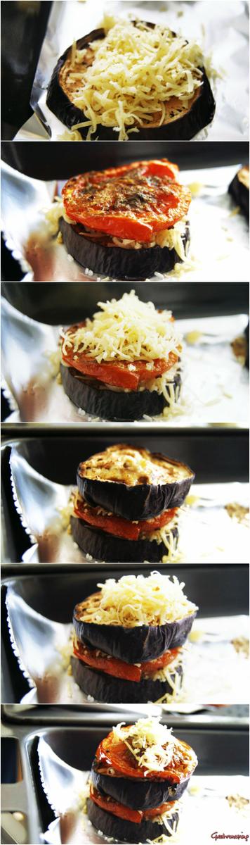 Milhojas de berenjena tomate y queso