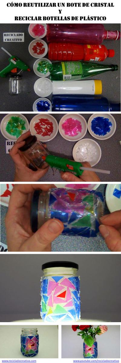 Bote de cristal reutilizado con botellas de plástico recicladas con trencadís