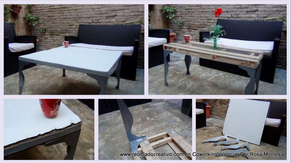 Mesa de centro con un palet y unas patas recicladas