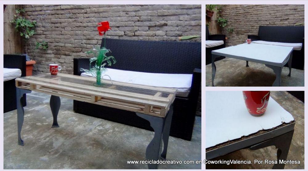 Mesa de centro con un palet y unas patas recicladas