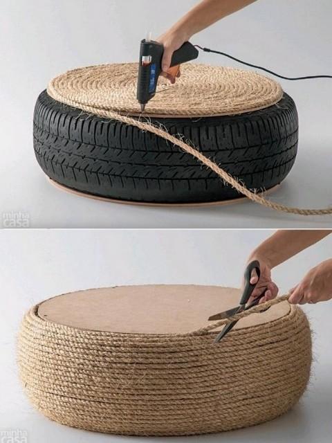 Con soga y un neumatico podemos hacer un puff de diseño