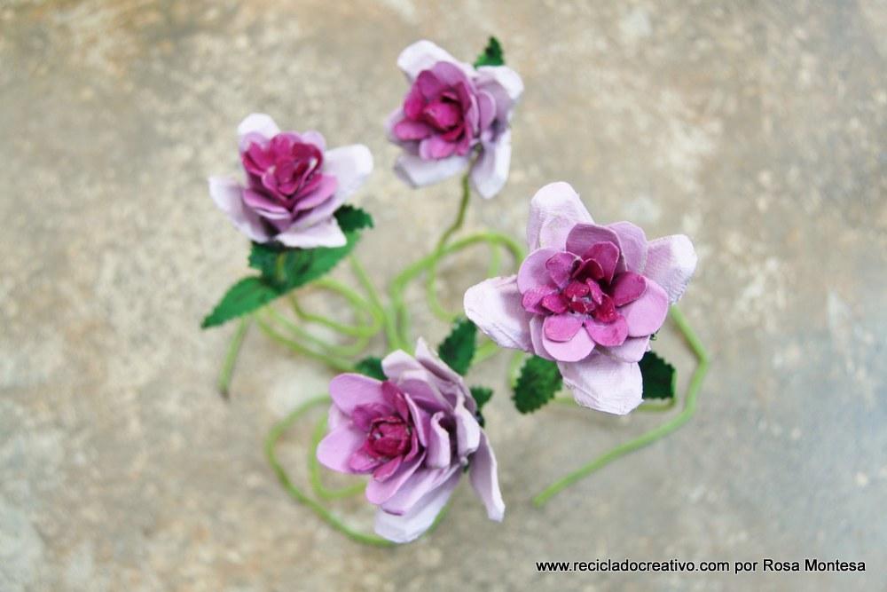 Flores rosas con hueveras de cartón recicladas - egg carton flowers