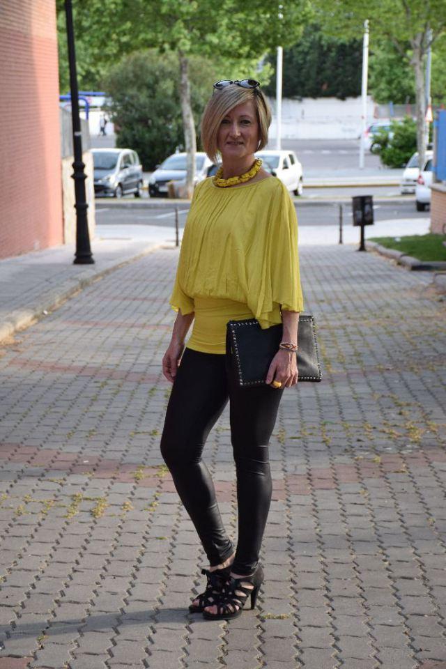 Yellow blouse and black leggins