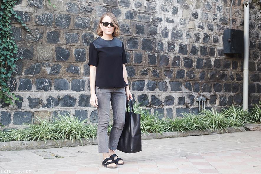 Trini | Sandro leather insert top Birkenstock sandals frayed hem jeans