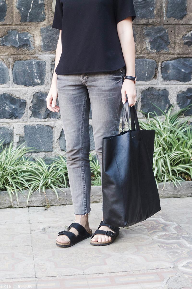 Trini | Sandro leather insert top Birkenstock Arizona sandals frayed hem jeans