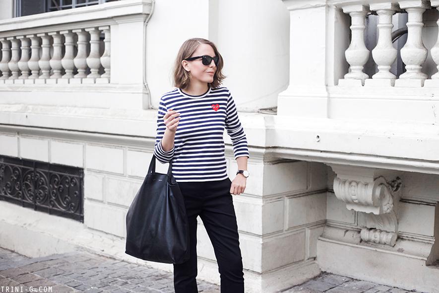 Trini | Comme de Garçons PLAY striped shirt Céline cabas bag