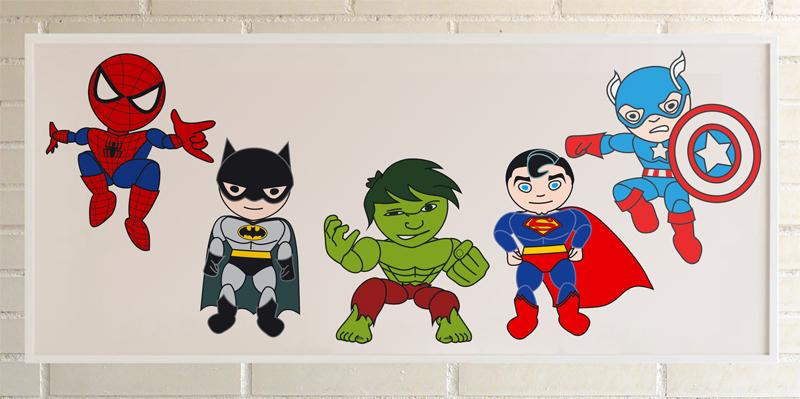 5 superheroes en una lamina
