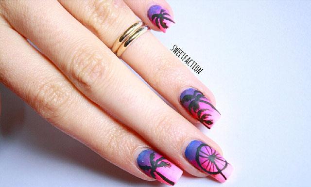 Uñas de puesta de sol con palmeras nail art