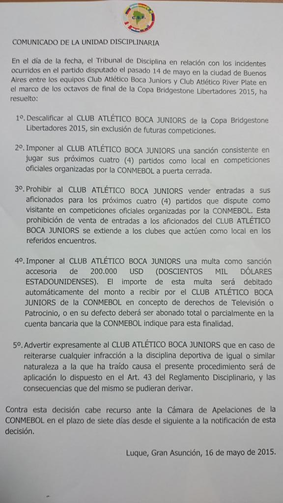 Comunicado CONMEBOL River-Boca