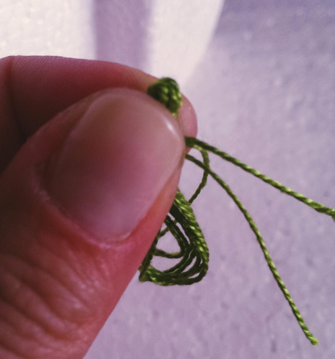 Cortamos el hilo y con los dos extremos sueltos hacemos un nudo