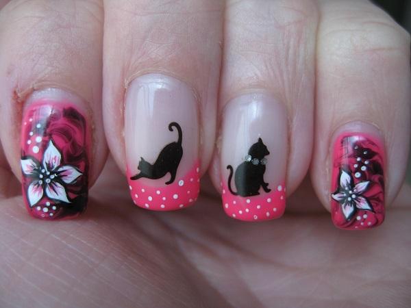 gatos y flores decoracion de uñas