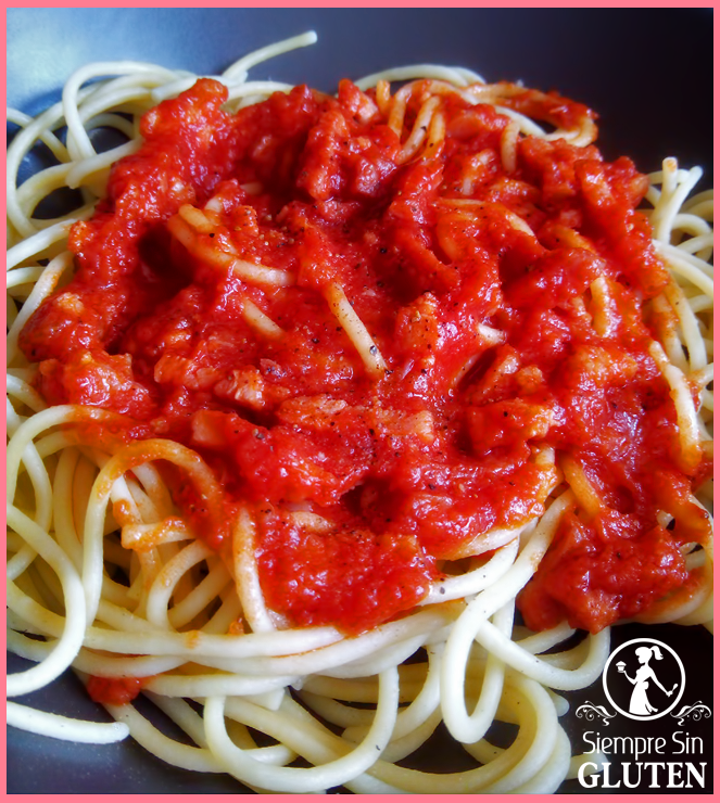 Espaguetis a la Amatriciana (Sin Gluten, Sin Lácteos, Sin Huevo)