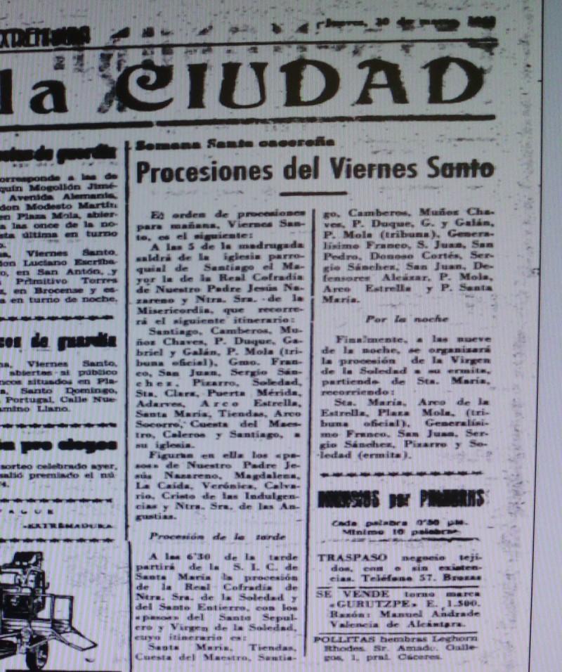 Recorridos Viernes Santo Cáceres 1961
