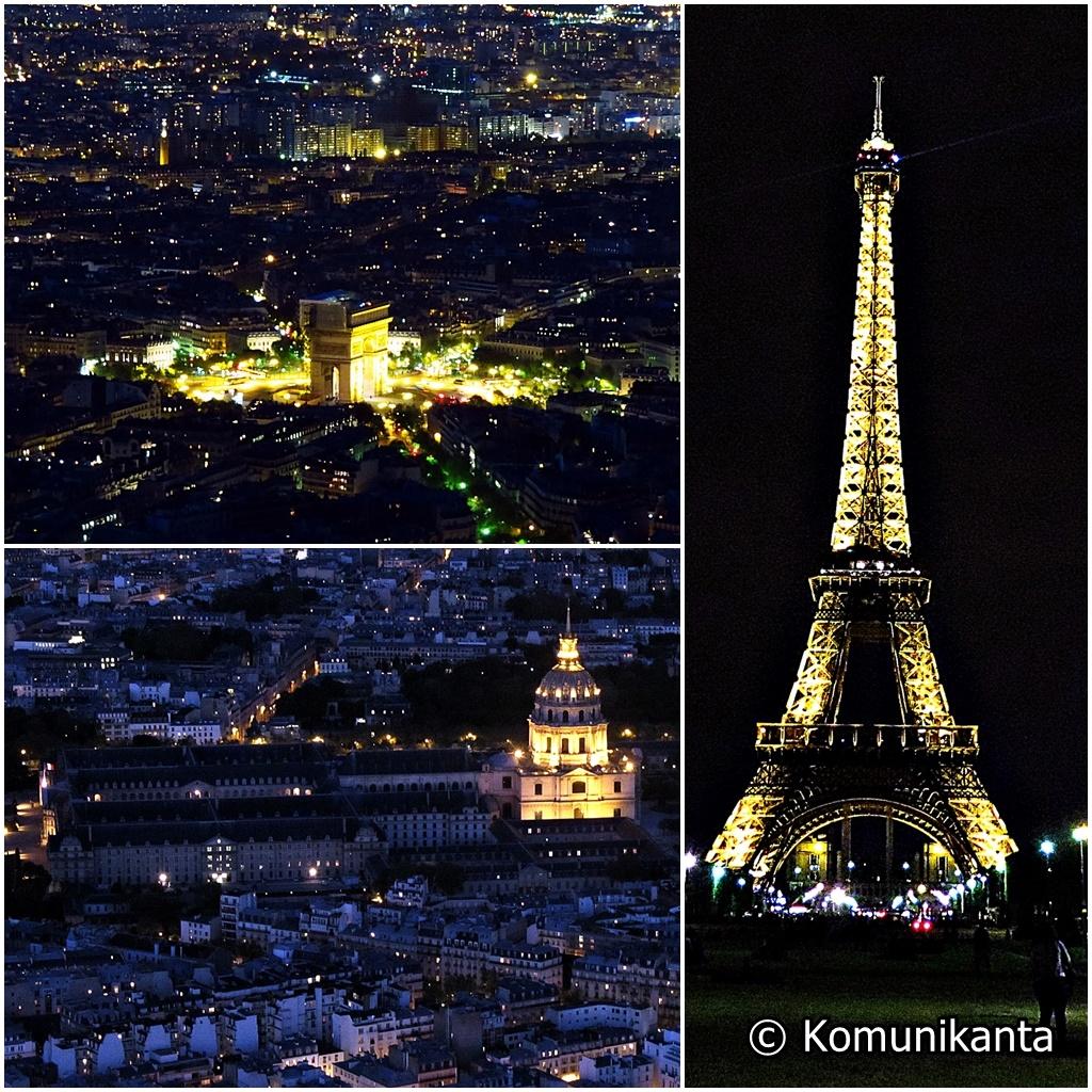 Vista nocturna: Arco de Triunfo, Los inválidos y Torre Eiffel