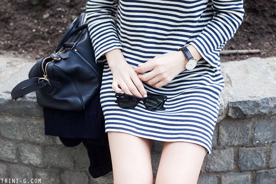 Trini | A.P.C striped dress Superga navy sneakers