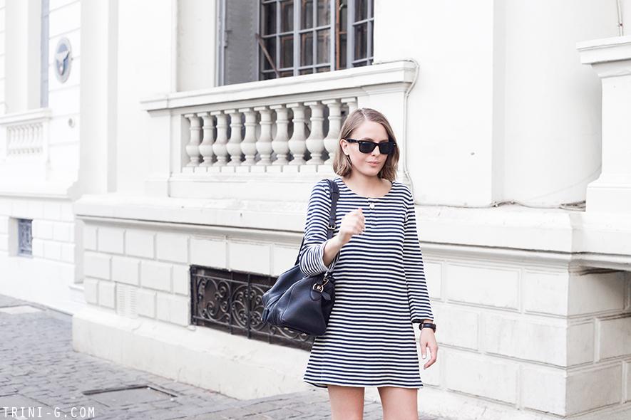 Trini | A.P.C striped dress Superga navy sneakers