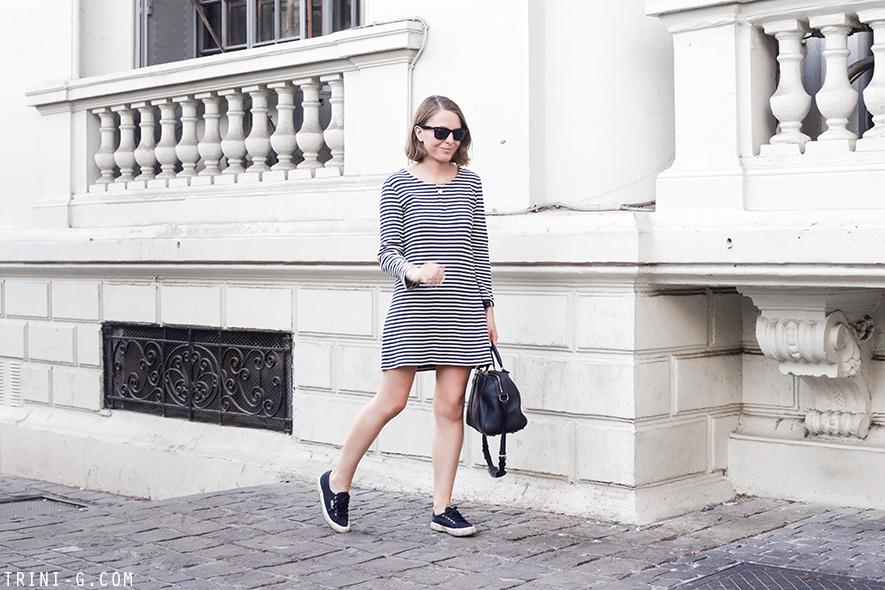 Trini | A.P.C striped dress Superga navy sneakers