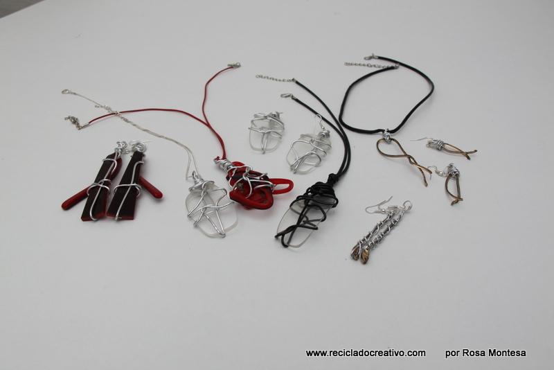 Bisutería con gafas recicladas. Pendientes y colgante con los cristales de gafas viejas