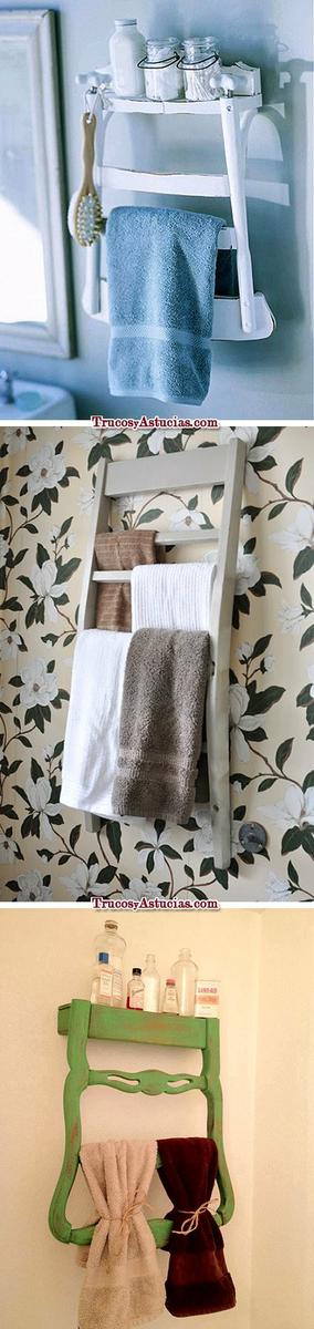 Decoración original para el baño utilizando sillas como toalleros