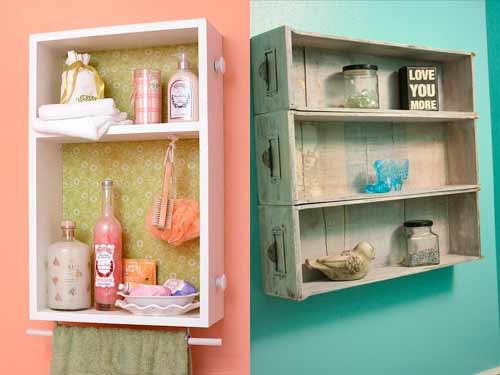 idea para decorar el baño de forma original con estanterías hechas con cajones