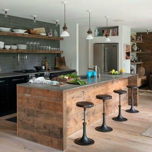 cocina, industrial, taburetes,madera, gris