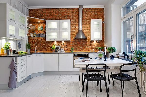 nórdico,cocina,blanca,ladrillo,mesa