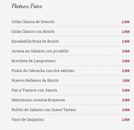 Carta Pintxos fríos Taberna Zuria