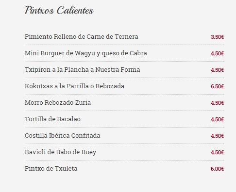 Carta Pintxos calientes Taberna Zuria