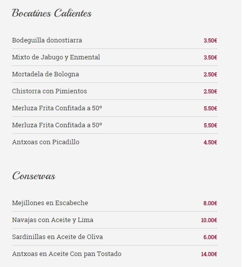 Carta Bocatines Calientes y Conservas Taberna Zuria