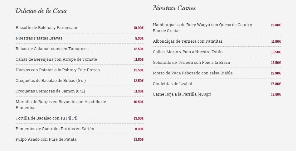 Carta Delicias de la Casa y Carnes Taberna Zuria