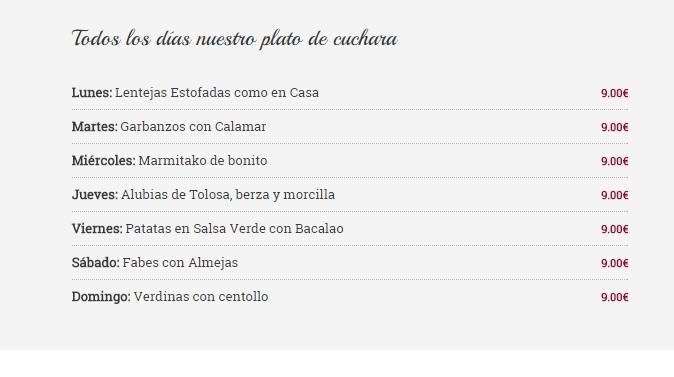 Carta Platos de cuchara Taberna Zuria