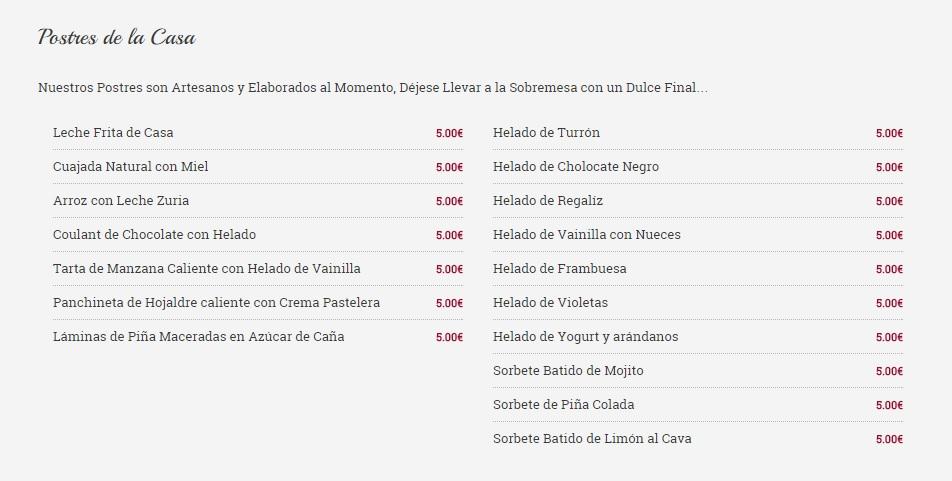 Carta Postres de la casa Taberna Zuria