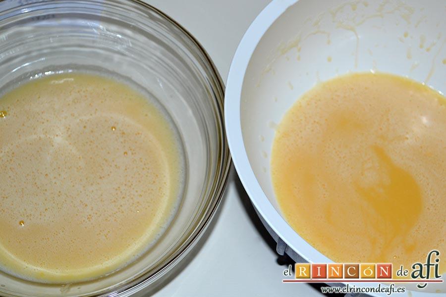 Bizcocho de tigre y zebra, a continuación dividimos la mezcla en 2 porciones colocándolas, cada una en un bol