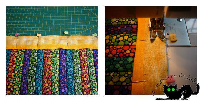 Colocamos la tira al borde de nuestro trabajo y cogemos con alfileres