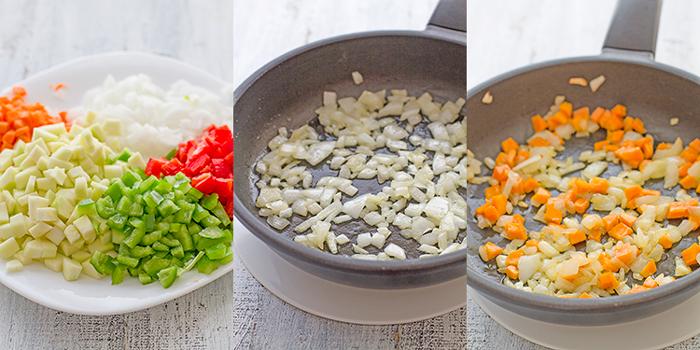 paso a paso táper de pisto con arroz y atún