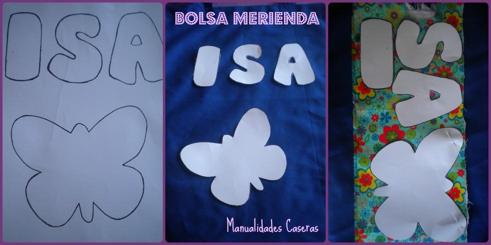 Manualidades Caseras Inma_ detalle del diseño de bolsa merienda para el colegio_ Molde de letras y mariposa