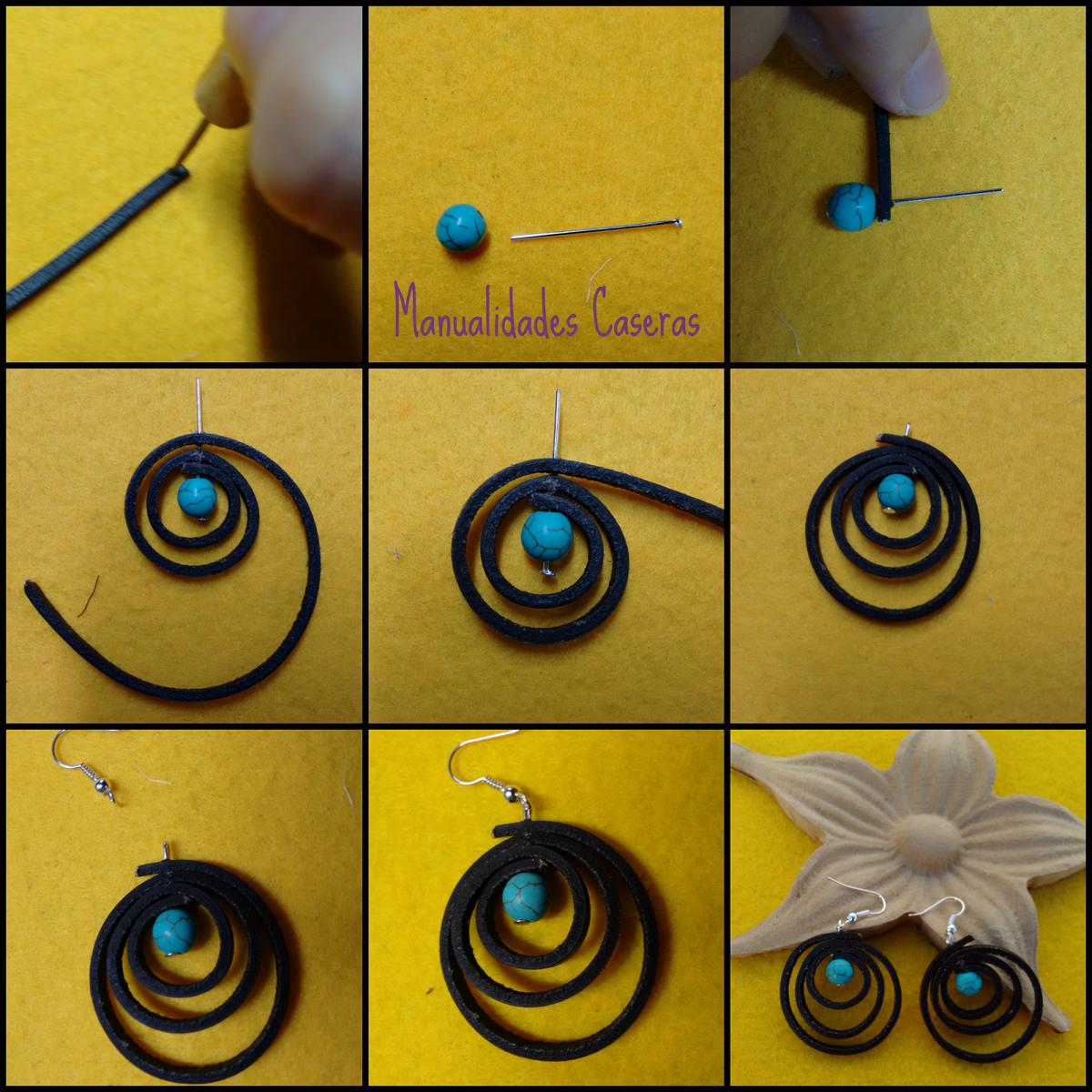 manualidades caseras faciles como hacer unos pendientes de cuero plano marrón y perlas azules 