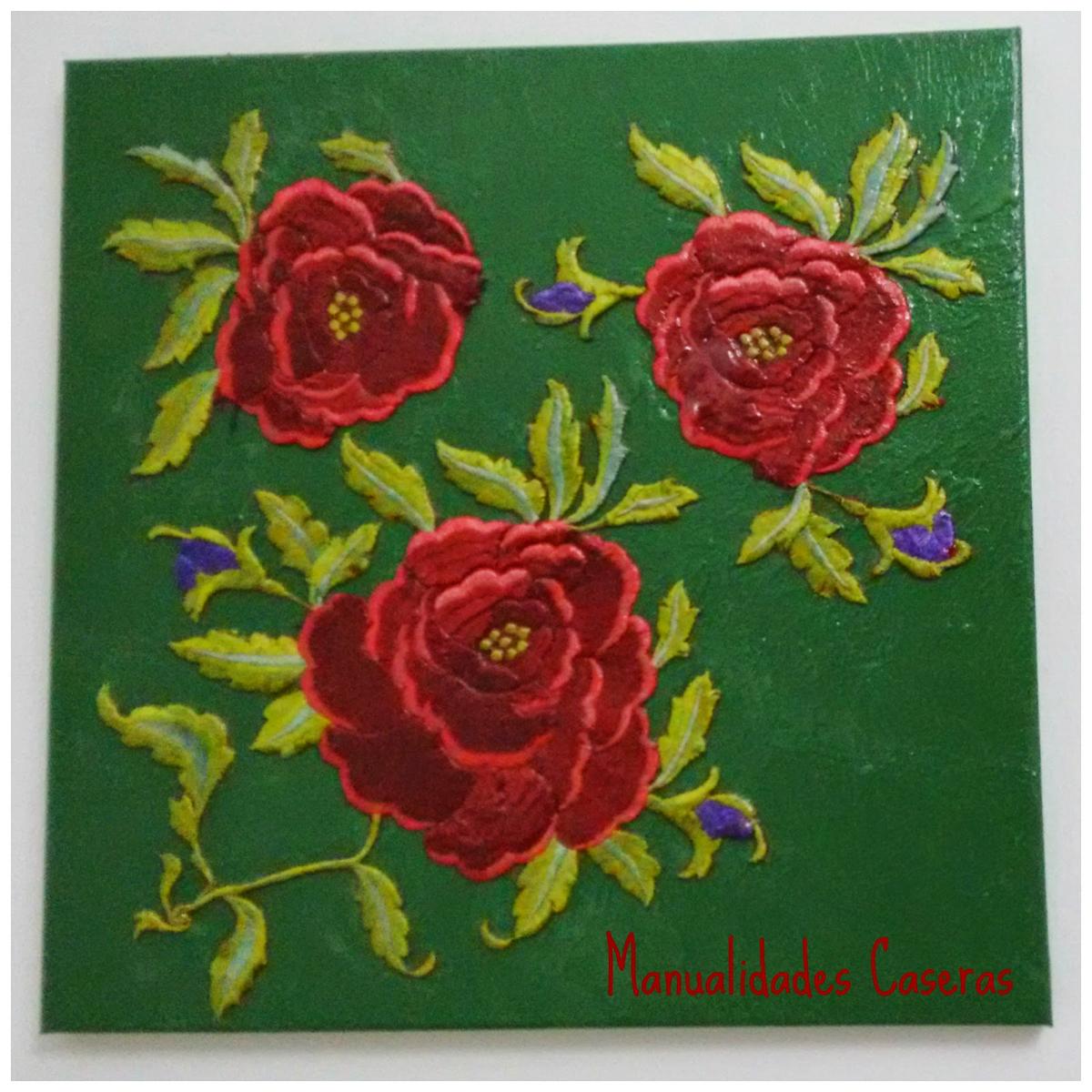 Manualidades Caseras Inma_ Cuadro rosas rojas recicladas de un manton de manila 
