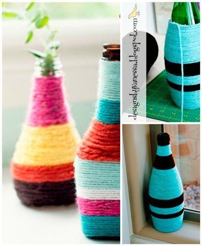 manualidad de jarrón hecho reutilizando una botella de cristal y lana