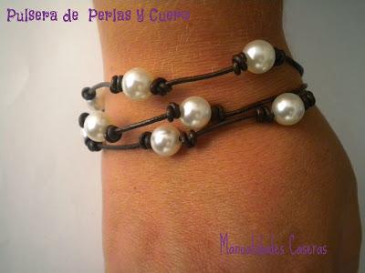 manualidades caseras Inma pulsera de perlas y cuero de tres hilos, marrón