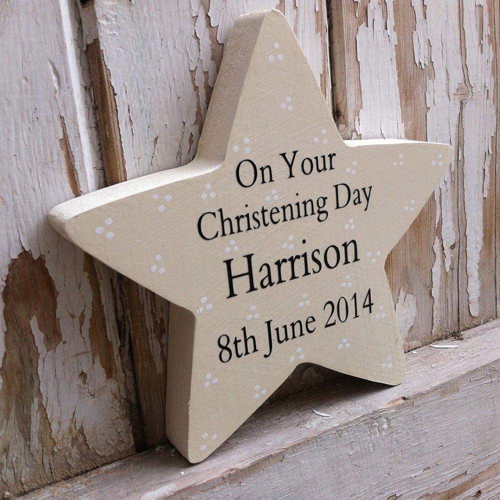 ideas para decorar un bautizo Freestanding Personalised Wooden Star Ivory