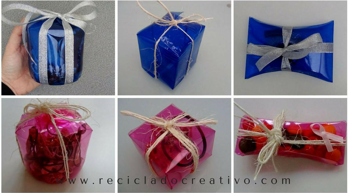 Cajas de regalo, bomboneras y dulceros realizados con botellas de plástico. Reciclado, reciclaje, recycling